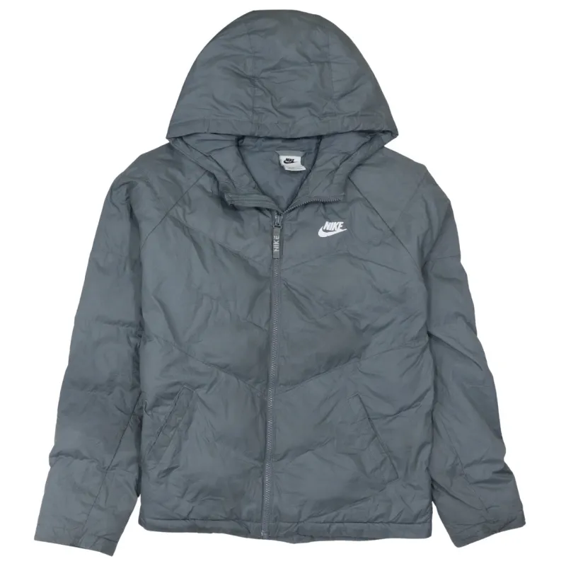 Nike Grey Hooded Jacket Women’s XLarge Full Zip Quilted Puffer Embroidered Logo Coat sold by Vintage Club