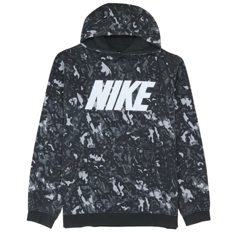 Nike Black Grey Camo Hoodie Women's XLarge Printed Logo Front Pocket Pullover Sweatshirt made by Nike