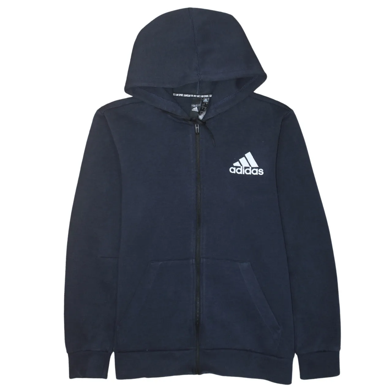 Adidas Navy Blue Hoodie Women’s Medium Full Zip Printed Logo Split Pocket Sweatshirt sold by Vintage Club