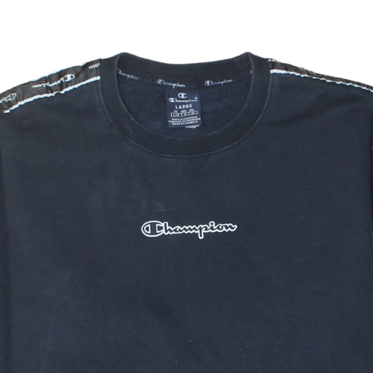 Champion Navy Blue Sweatshirt Women’s Large Embroidered Chest Logo Taped Sleeves Pullover Jumper sold by Vintage Club product image thumbnail 3