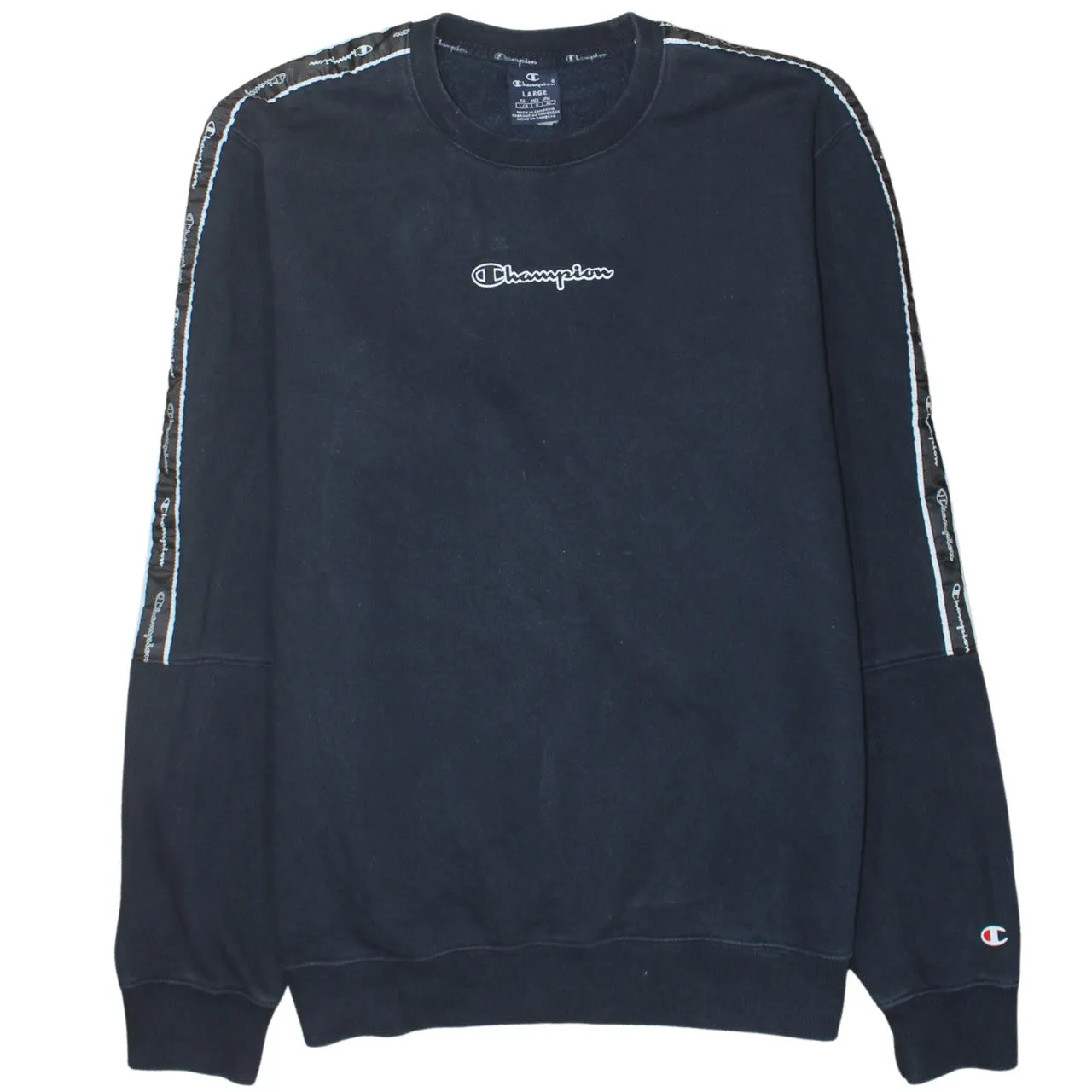 Champion Navy Blue Sweatshirt Women’s Large Embroidered Chest Logo Taped Sleeves Pullover Jumper sold by Vintage Club