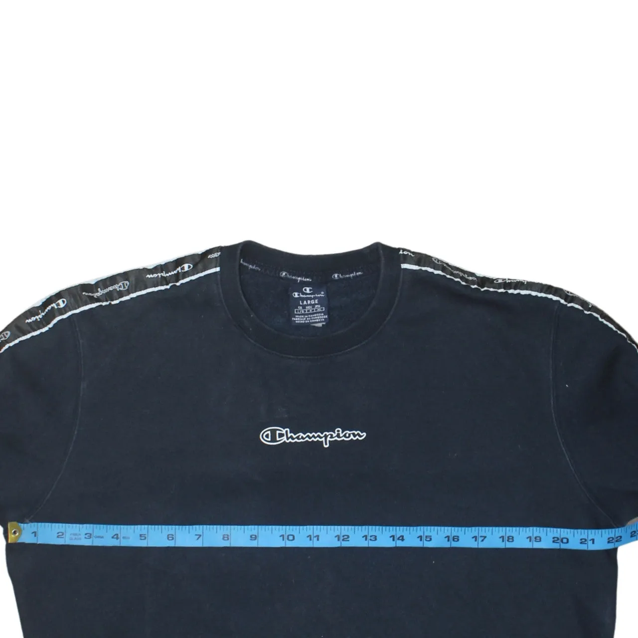 Champion Navy Blue Sweatshirt Women’s Large Embroidered Chest Logo Taped Sleeves Pullover Jumper sold by Vintage Club product image thumbnail 5