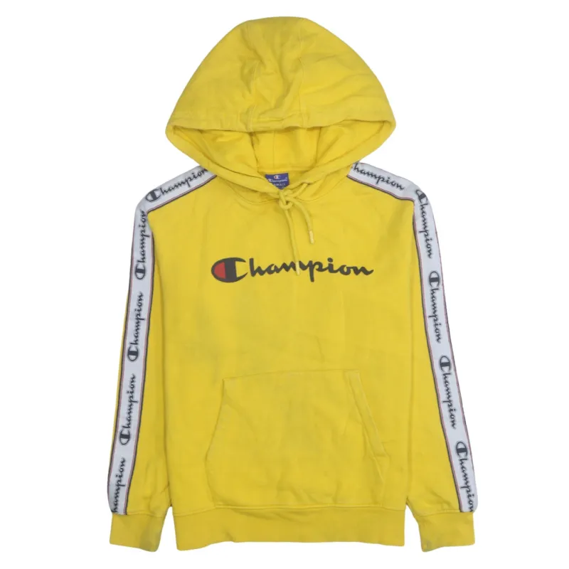 Champion Yellow Hoodie Men’s XSmall Tape Logo Sleeves Printed Chest Pullover Sweatshirt made by Champion