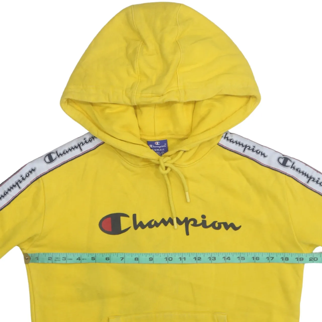 Champion Yellow Hoodie Men’s XSmall Tape Logo Sleeves Printed Chest Pullover Sweatshirt sold by Vintage Club product image thumbnail 5