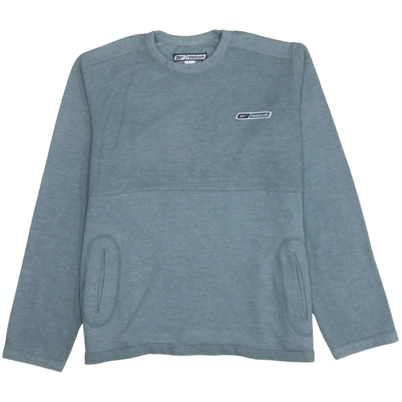 Reebok Blue Sweatshirt Women’s Large Embroidered Chest Logo Front Pockets Crewneck Pullover sold by Vintage Club