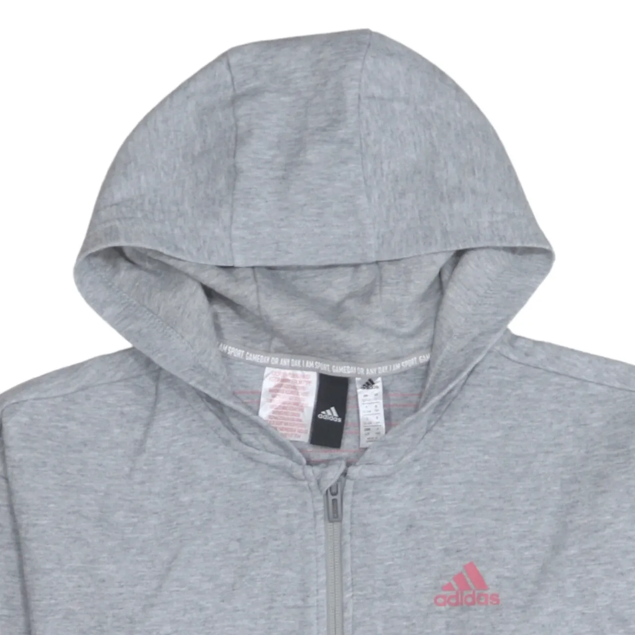 Adidas Grey Zip Hoodie Women’s Large Pink Three Stripe Sleeves Printed Logo Sweatshirt sold by Vintage Club product image thumbnail 3