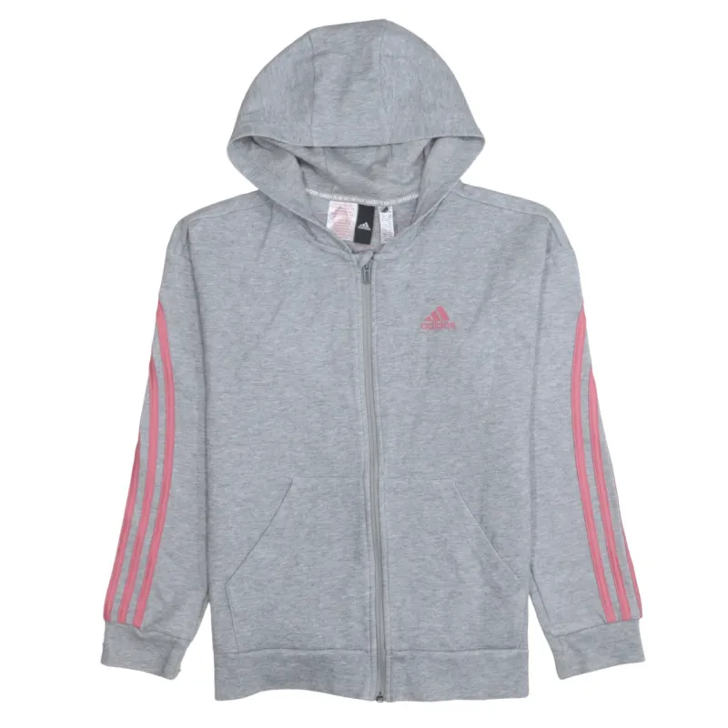 Adidas Grey Zip Hoodie Women’s Large Pink Three Stripe Sleeves Printed Logo Sweatshirt sold by Vintage Club