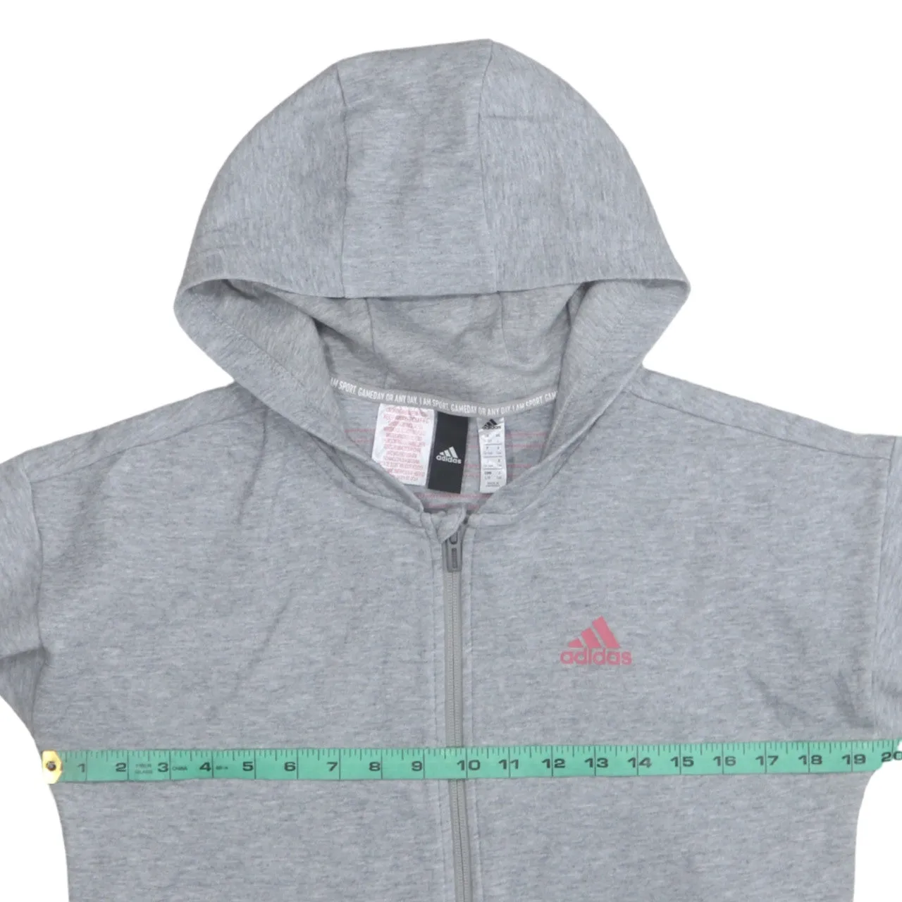 Adidas Grey Zip Hoodie Women’s Large Pink Three Stripe Sleeves Printed Logo Sweatshirt sold by Vintage Club product image thumbnail 5