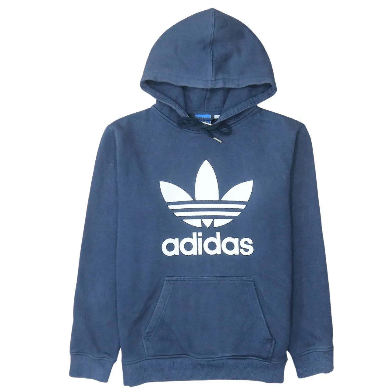 Adidas Navy Blue Hoodie Women's Medium Trefoil Printed Logo Front Pocket Pullover Sweatshirt sold by Vintage Club