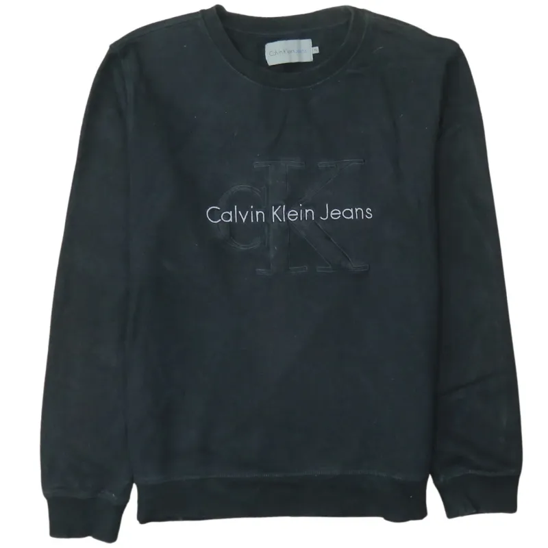 Calvin Klein Black Sweatshirt Women's XLarge Embroidered CK Logo Ribbed Crewneck Pullover Top made by Calvin Klein