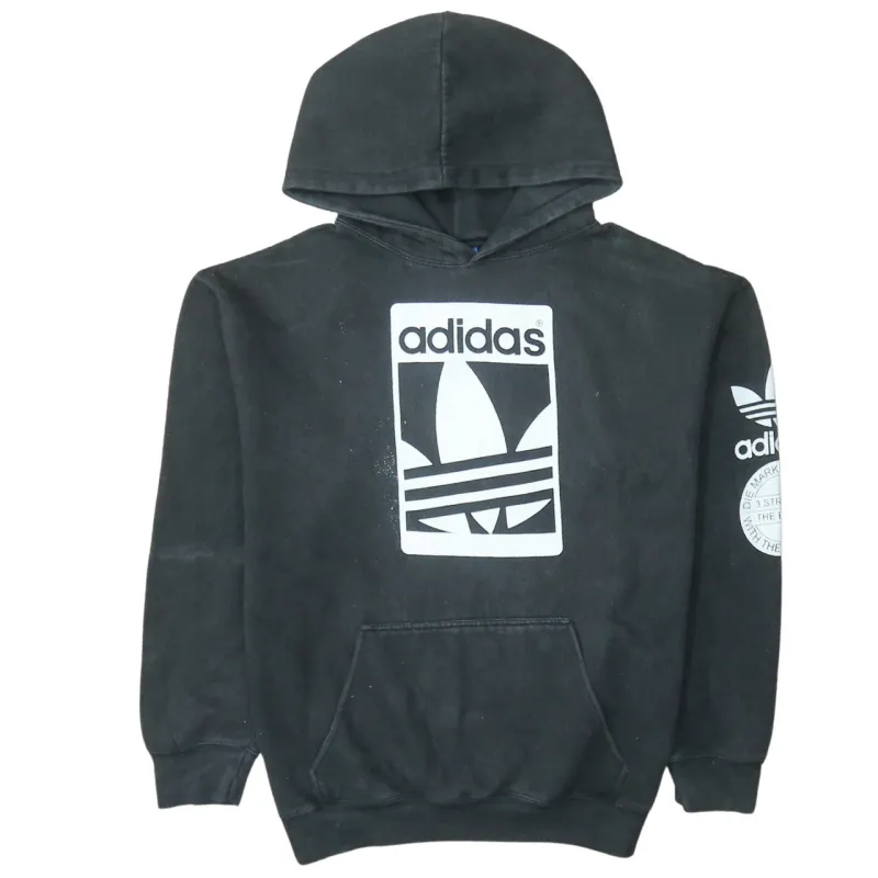 Adidas Black Hoodie Women’s XLarge Printed Trefoil Logo Front Sleeve Pullover Sweatshirt sold by Vintage Club