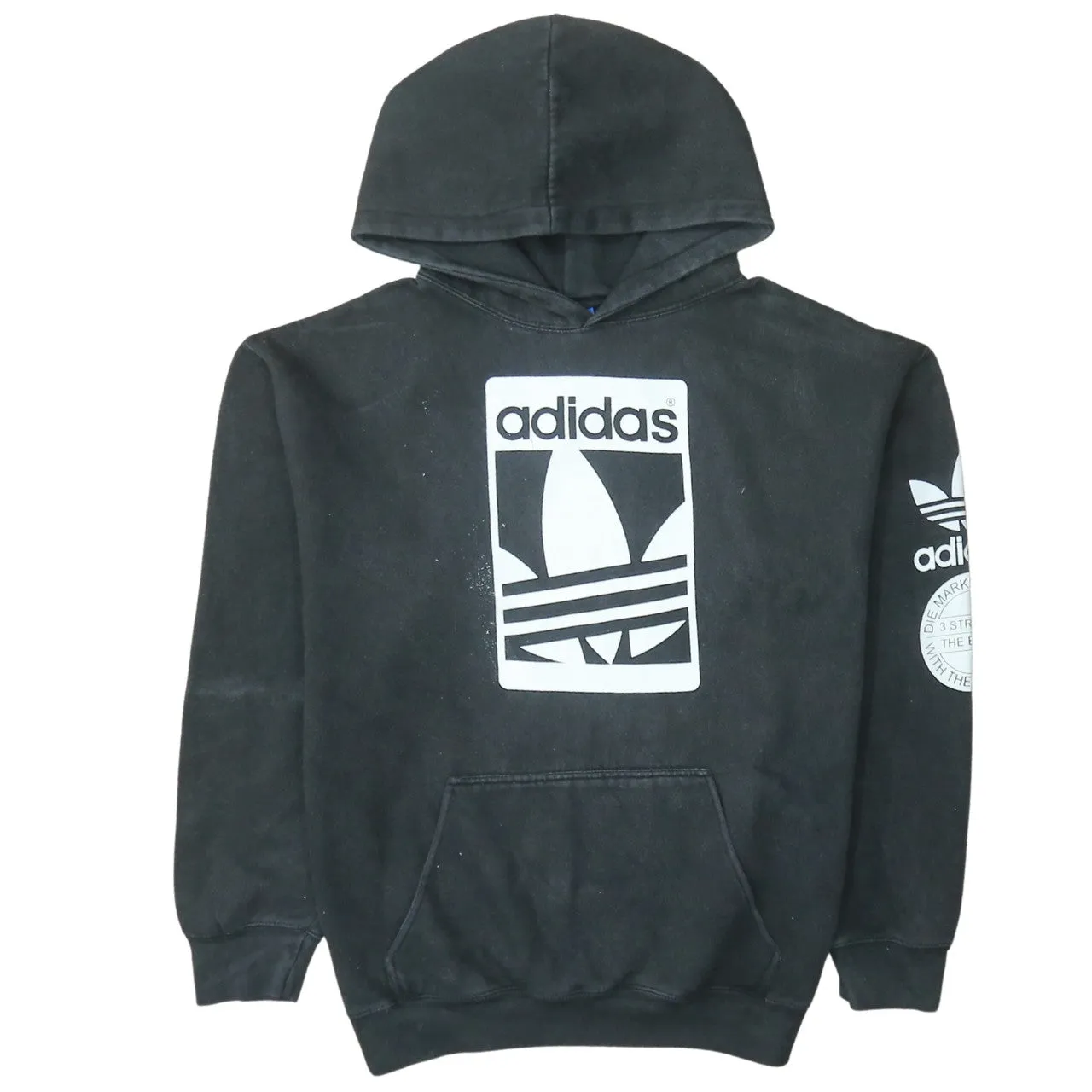 Adidas Black Hoodie Women’s XLarge Printed Trefoil Logo Front Sleeve Pullover Sweatshirt sold by Vintage Club