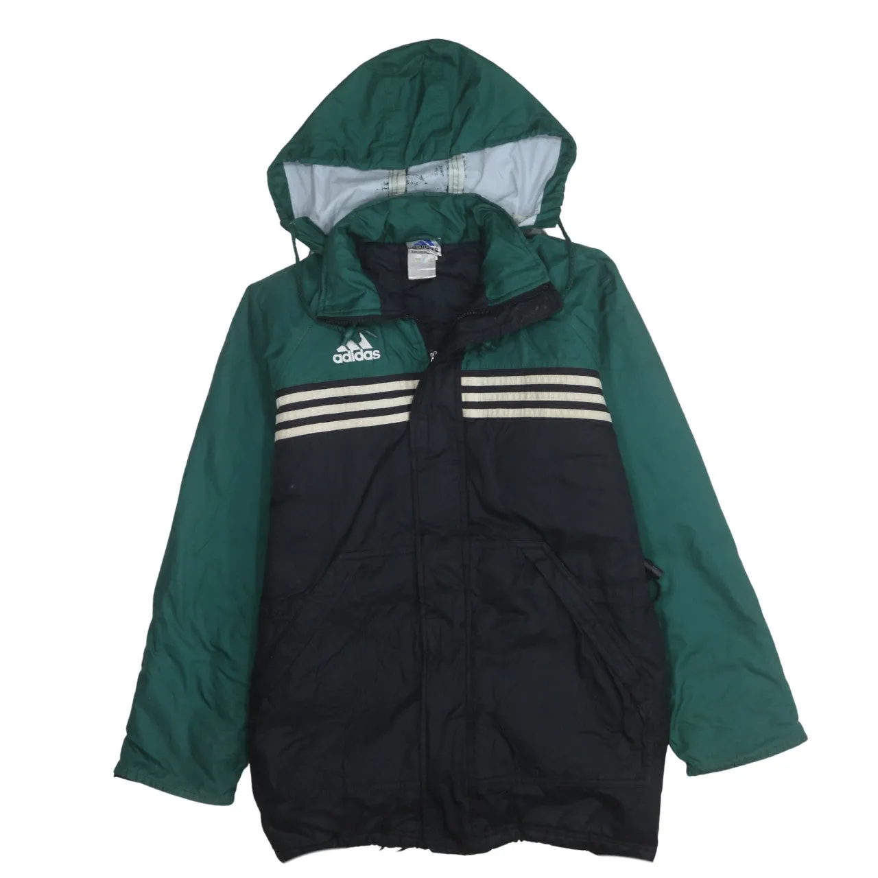Adidas Green Black Hooded Windbreaker Men's Medium Zip Pockets Three Stripes Jacket sold by Vintage Club