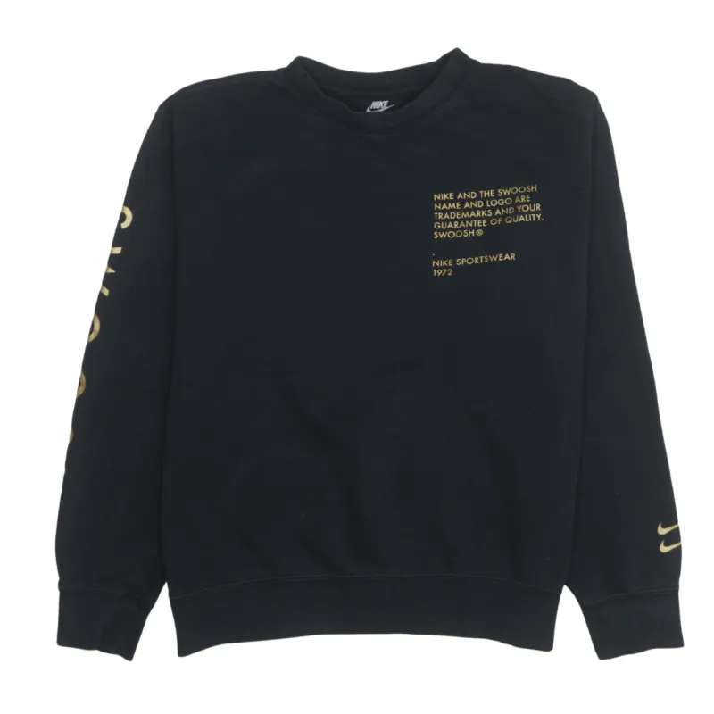 Nike Black Sweatshirt Men's Medium Printed Swoosh Text Sleeve Logo Crewneck Pullover sold by Vintage Club