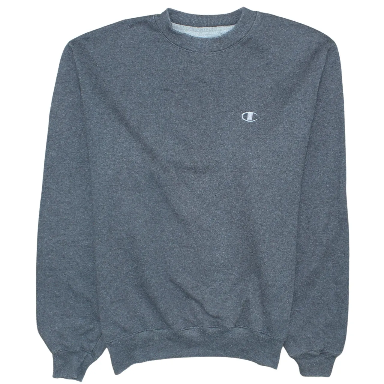 Champion Dark Grey Sweatshirt Men's Medium Embroidered Chest Logo Ribbed Crewneck Pullover Fleece Top sold by Vintage Club