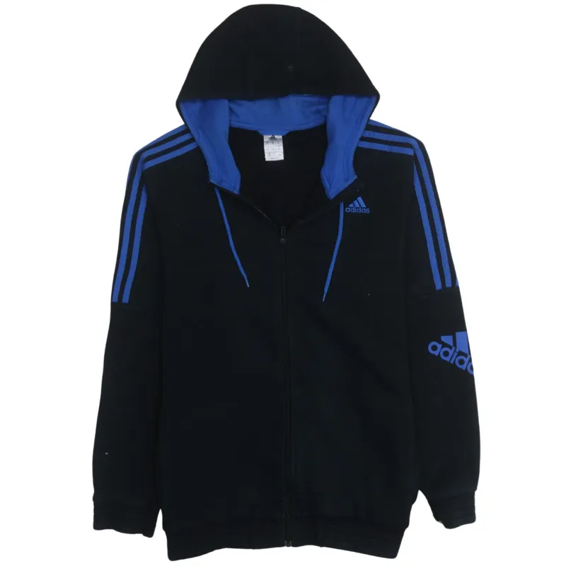 Adidas Black Full Zip Hoodie Men's XLarge Blue Three Stripe Sleeves Printed Logo Fleece Top sold by Vintage Club