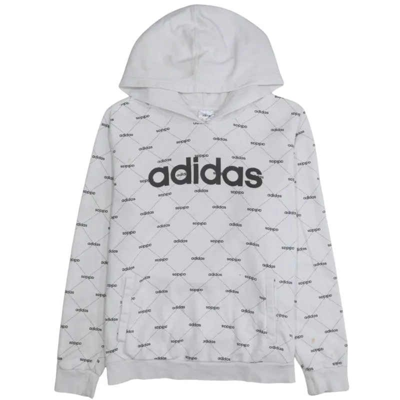 Adidas White All Over Logo Hoodie Women's XLarge Printed Chest Logo Front Pocket Sweatshirt sold by Vintage Club