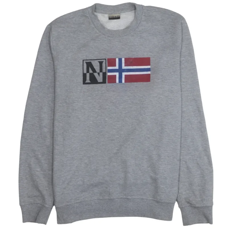 Napapijri Grey Sweatshirt Women's XLarge Printed Flag Logo Crewneck Pullover Fleece Top sold by Vintage Club