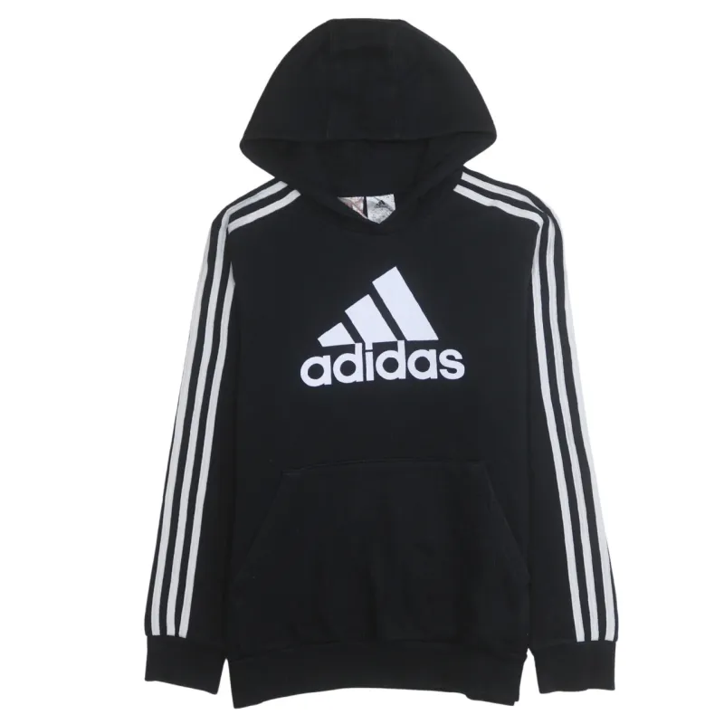 Adidas Black Hoodie Women’s Large Printed Logo Three Stripe Sleeves Pullover Sweatshirt sold by Vintage Club