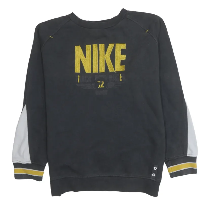 Nike Black Sweatshirt Women's Large Yellow Embroidered Logo Contrast Sleeve Striped Cuffs Pullover Top made by Nike