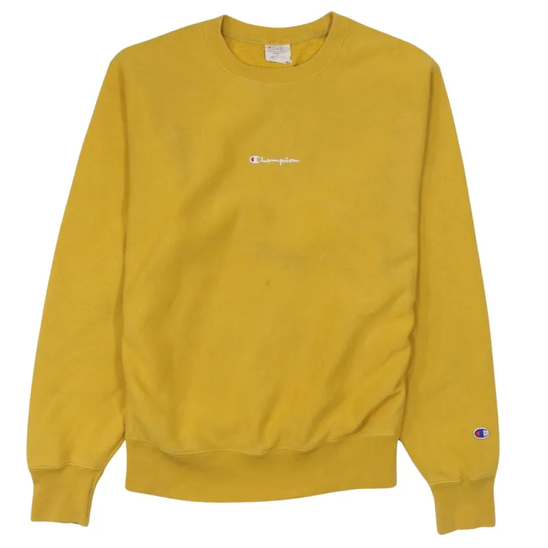 Champion Mustard Yellow Sweatshirt Men's Medium Embroidered Chest Logo Cuff Patch Pullover sold by Vintage Club