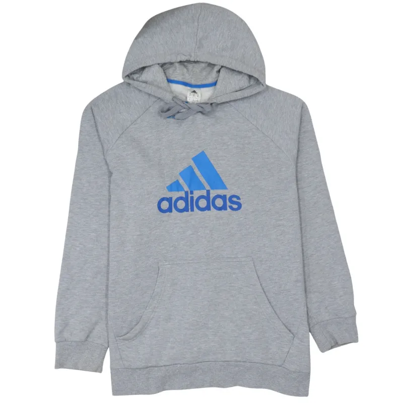 Adidas Grey Hoodie Women’s XLarge Blue Printed Logo Front Pocket Pullover Sweatshirt sold by Vintage Club