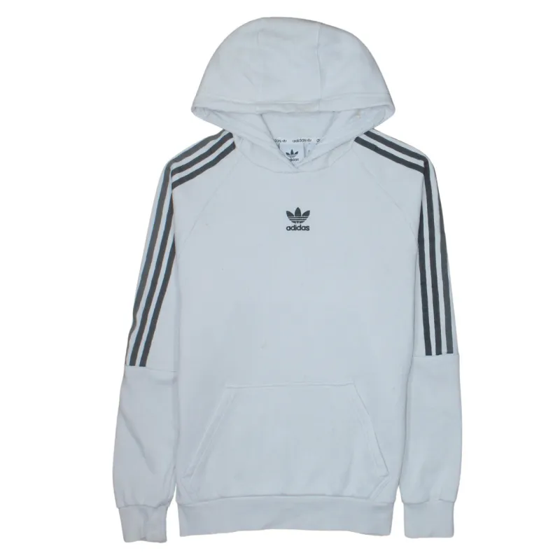 Adidas White Hoodie Men's Small Trefoil Embroidered Logo Three Stripe Sleeve Pullover Sweatshirt sold by Vintage Club