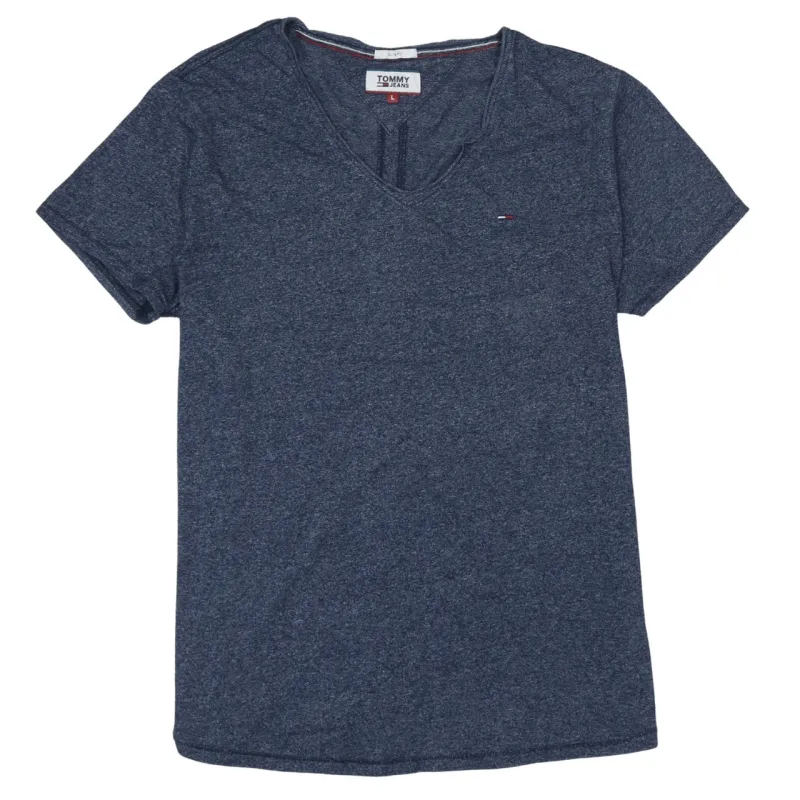 Tommy Jeans Navy Marl T Shirt Women’s Large V Neck Small Flag Logo Casual Top made by Vintage Club
