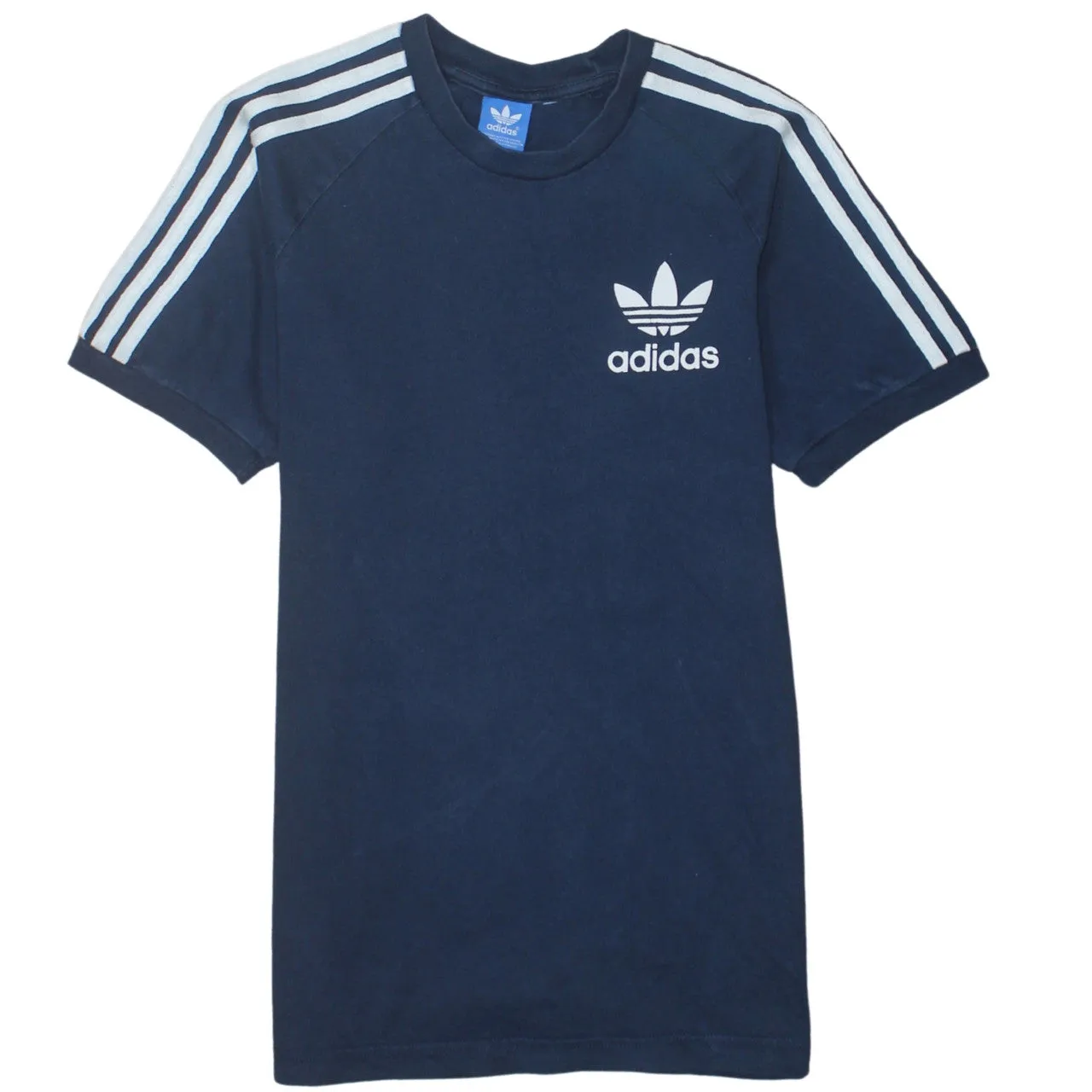 Adidas Navy Blue T Shirt Men’s Small Trefoil Printed Logo Three Stripe Sleeves Tee sold by Vintage Club