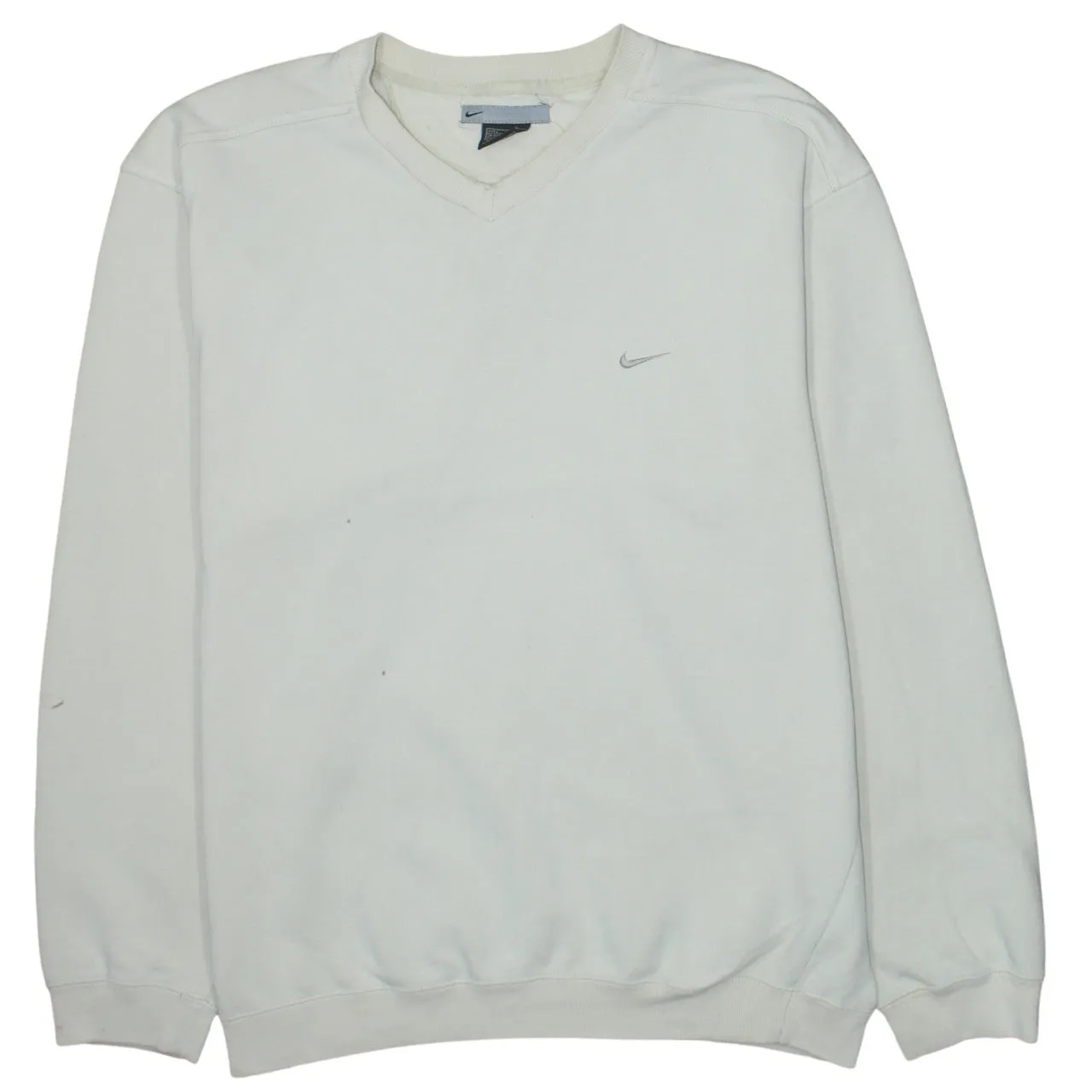 Nike Beige Cream Sweatshirt Men's Large V Neck Embroidered Swoosh Fleece Pullover Jumper sold by Vintage Club