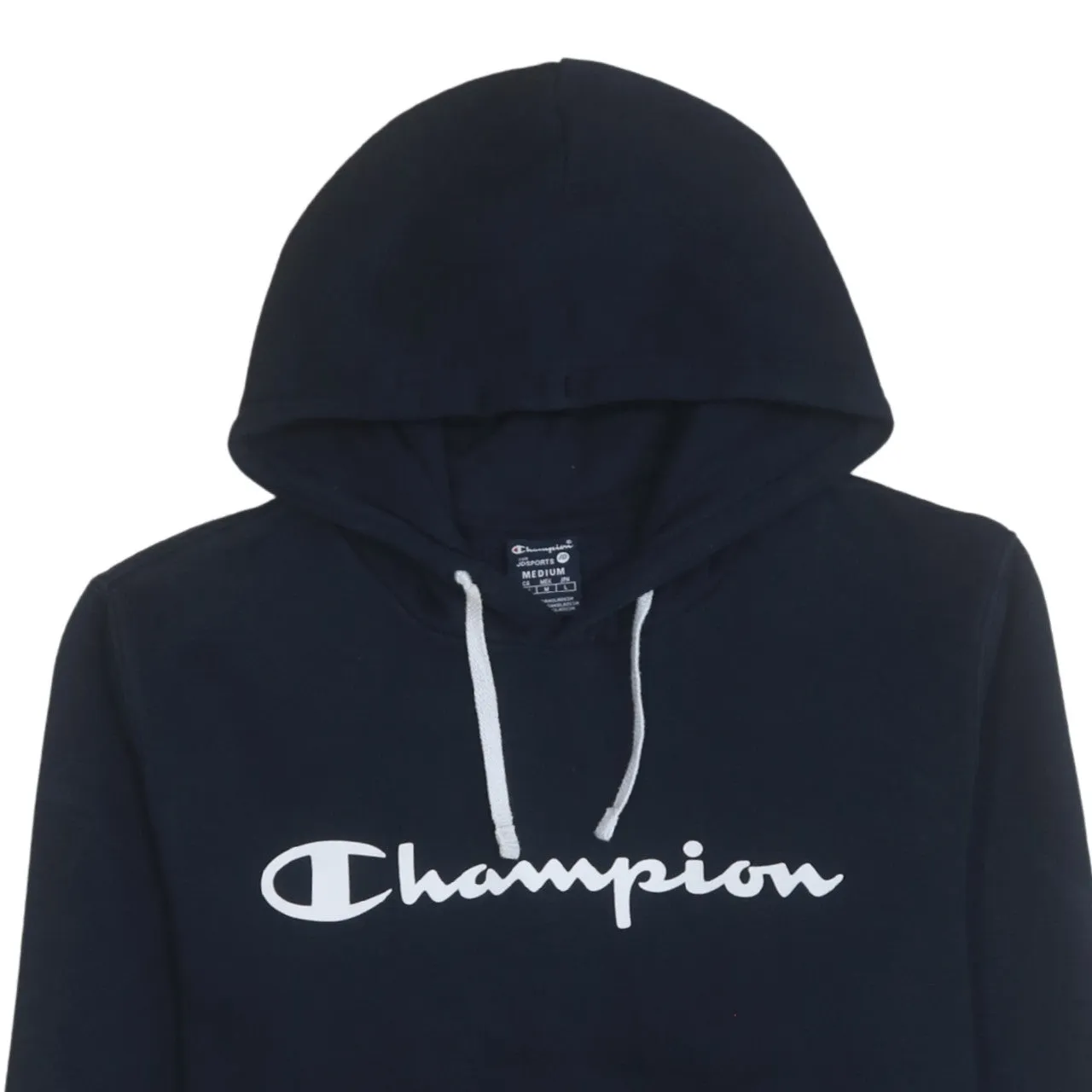 Champion Navy Blue Hoodie Women’s Medium Printed Script Logo Drawstring Pullover Sweatshirt sold by Vintage Club product image thumbnail 3
