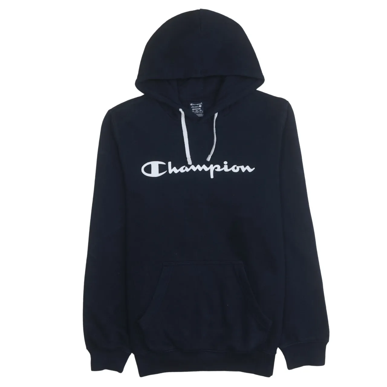 Champion Navy Blue Hoodie Women’s Medium Printed Script Logo Drawstring Pullover Sweatshirt sold by Vintage Club