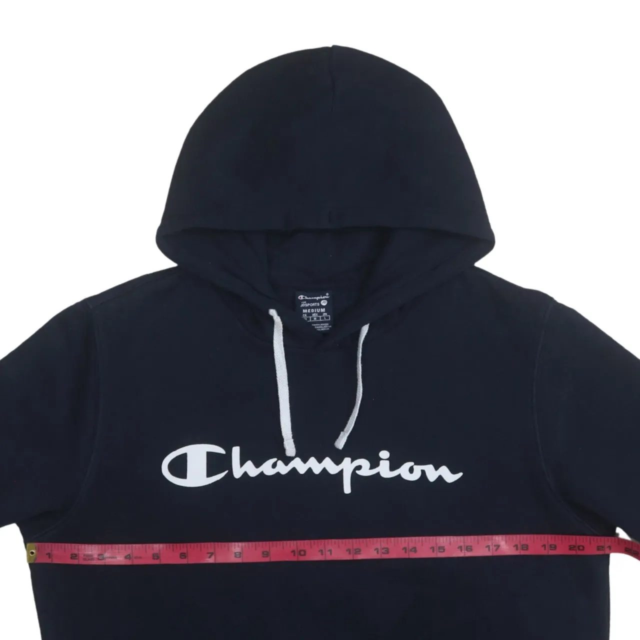 Champion Navy Blue Hoodie Women’s Medium Printed Script Logo Drawstring Pullover Sweatshirt sold by Vintage Club product image thumbnail 5