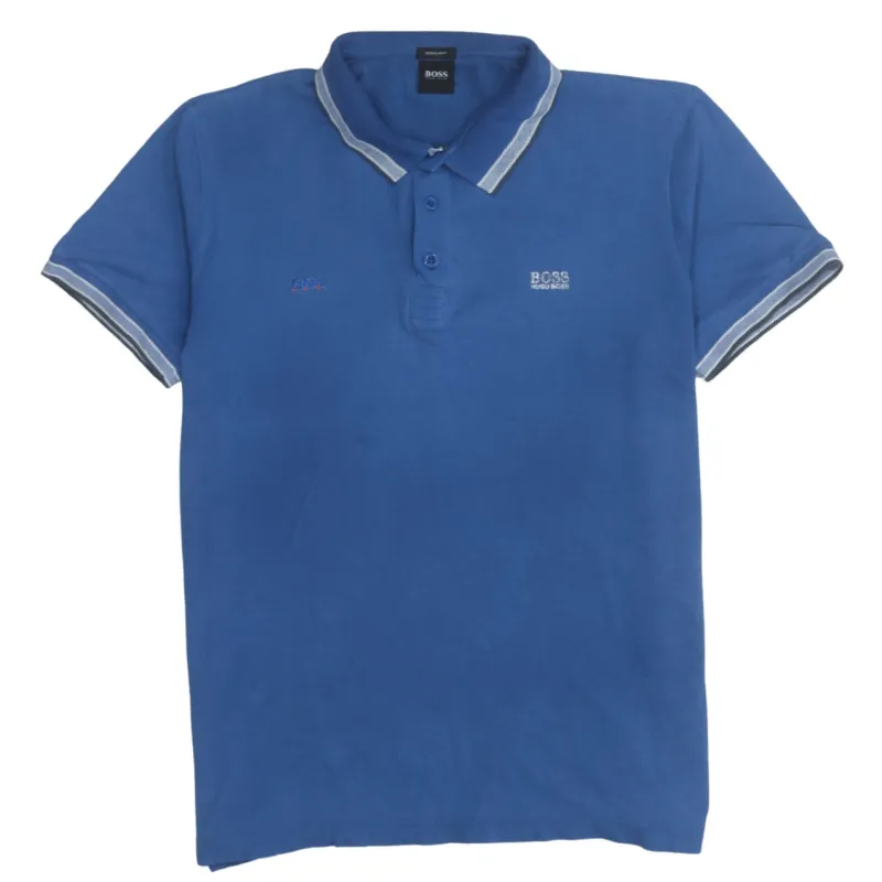 Hugo Boss Blue Polo Shirt Women's XLarge Embroidered Chest Logo Contrast Tipped Collar Casual Top made by Vintage Club