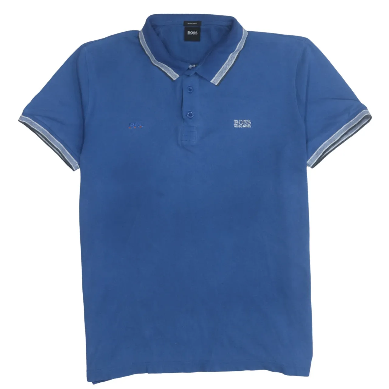 Hugo Boss Blue Polo Shirt Women's XLarge Embroidered Chest Logo Contrast Tipped Collar Casual Top sold by Vintage Club