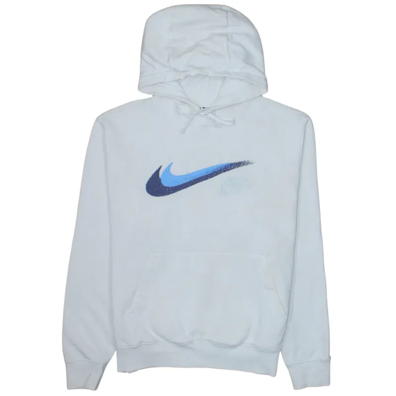 Nike White Hoodie Men’s Small Blue Printed Swoosh Logo Front Pocket Pullover Sweatshirt sold by Vintage Club