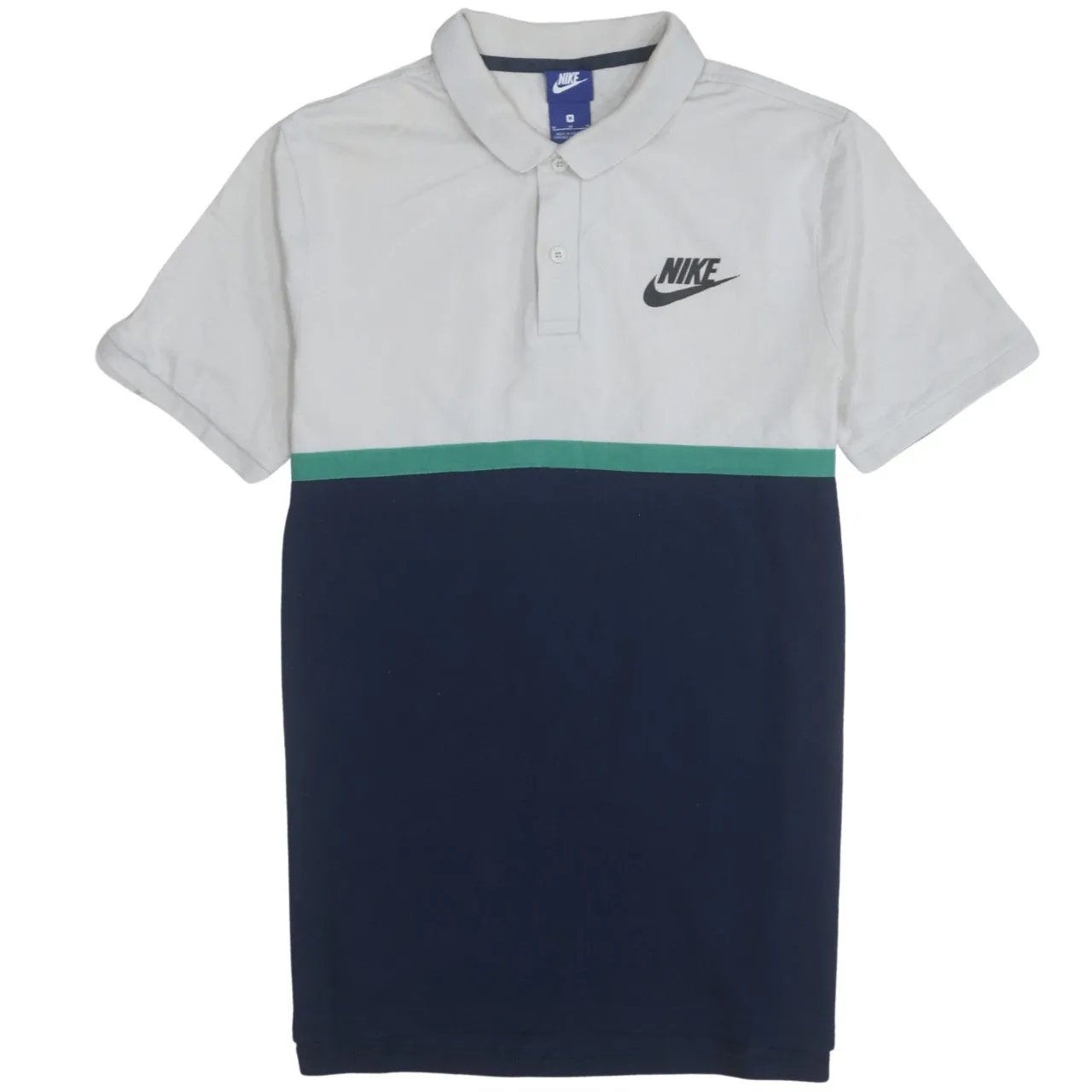 Nike White Navy Polo Shirt Men’s Medium Colour Block Printed Swoosh Casual Top sold by Vintage Club