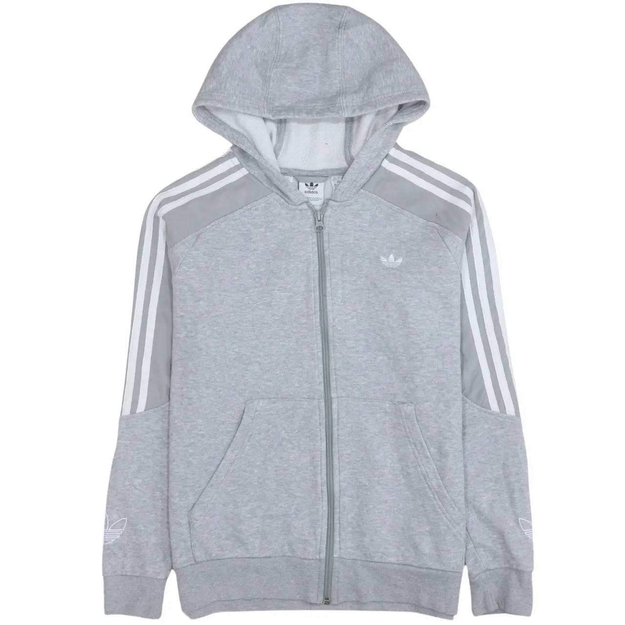 Adidas Light Grey Hoodie Men's Small Full Zip Three Stripe Sleeves Embroidered Logo Sweatshirt sold by Vintage Club