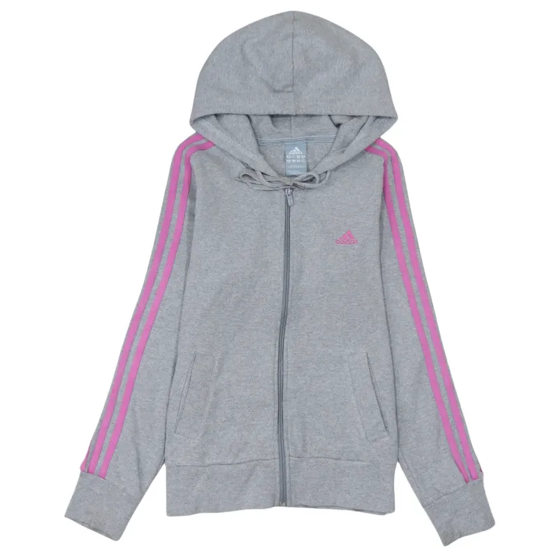 Adidas Grey Zip Hoodie Women’s XSmall Pink Three Stripe Sleeves Embroidered Logo Sweatshirt sold by Vintage Club
