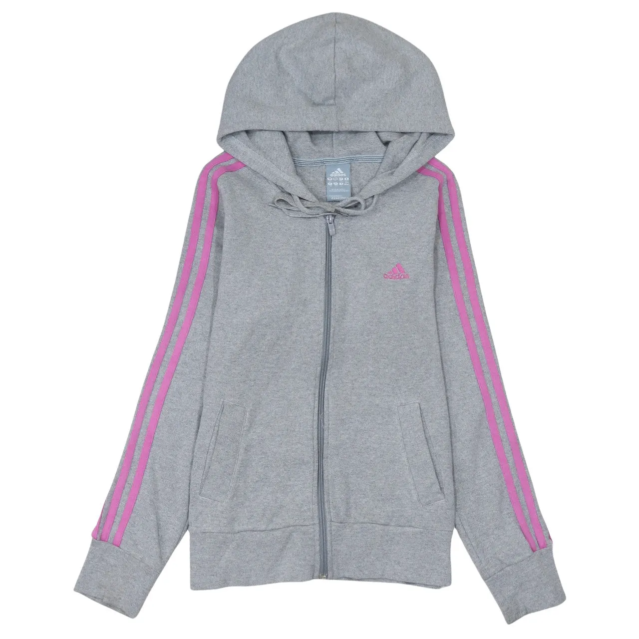 Adidas Grey Zip Hoodie Women’s XSmall Pink Three Stripe Sleeves Embroidered Logo Sweatshirt sold by Vintage Club