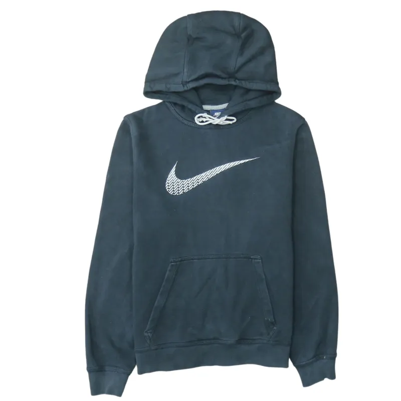 Nike Black Hoodie Men's Small Printed Swoosh Drawstring Neck Front Pocket Pullover Sweatshirt sold by Vintage Club