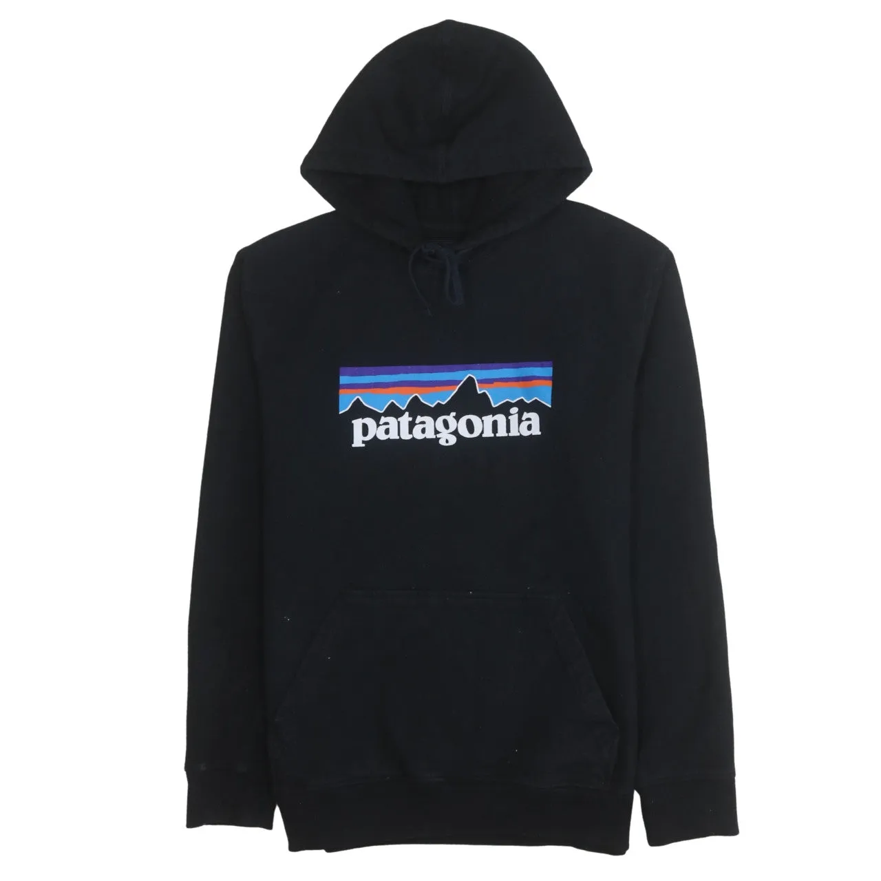 Patagonia Black Hoodie Women’s Medium Printed Logo Front Pocket Pullover Sweatshirt sold by Vintage Club