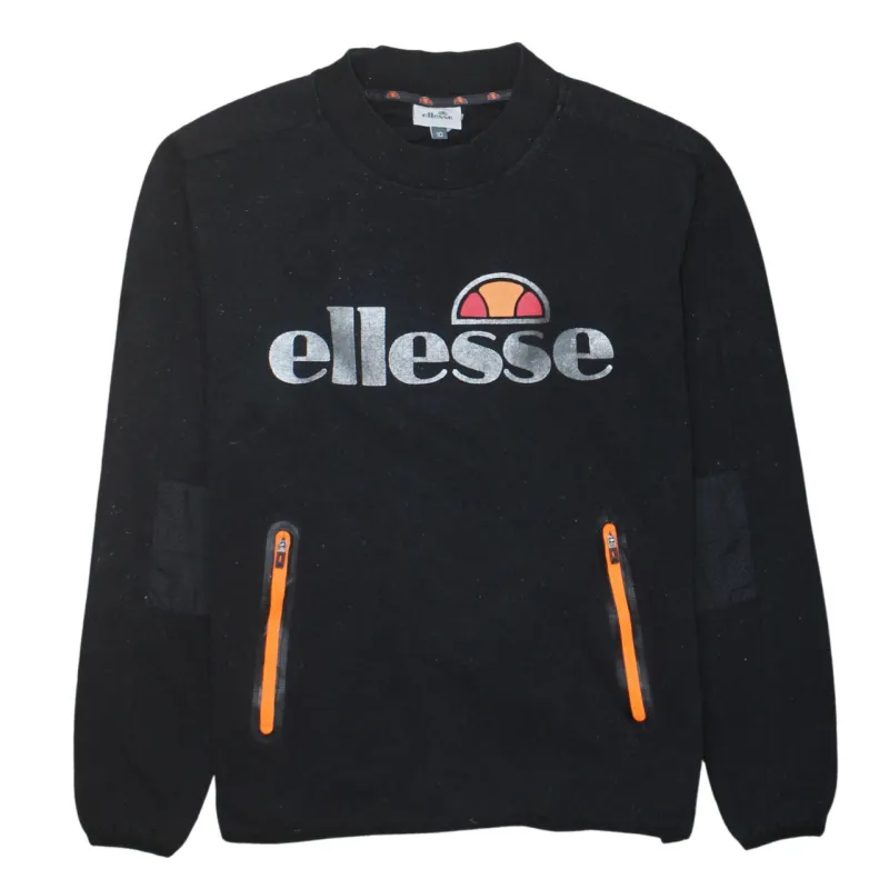 Ellesse Black Sweatshirt Women's Medium Big Logo Orange Zip Pockets Crewneck Pullover Top made by Ellesse