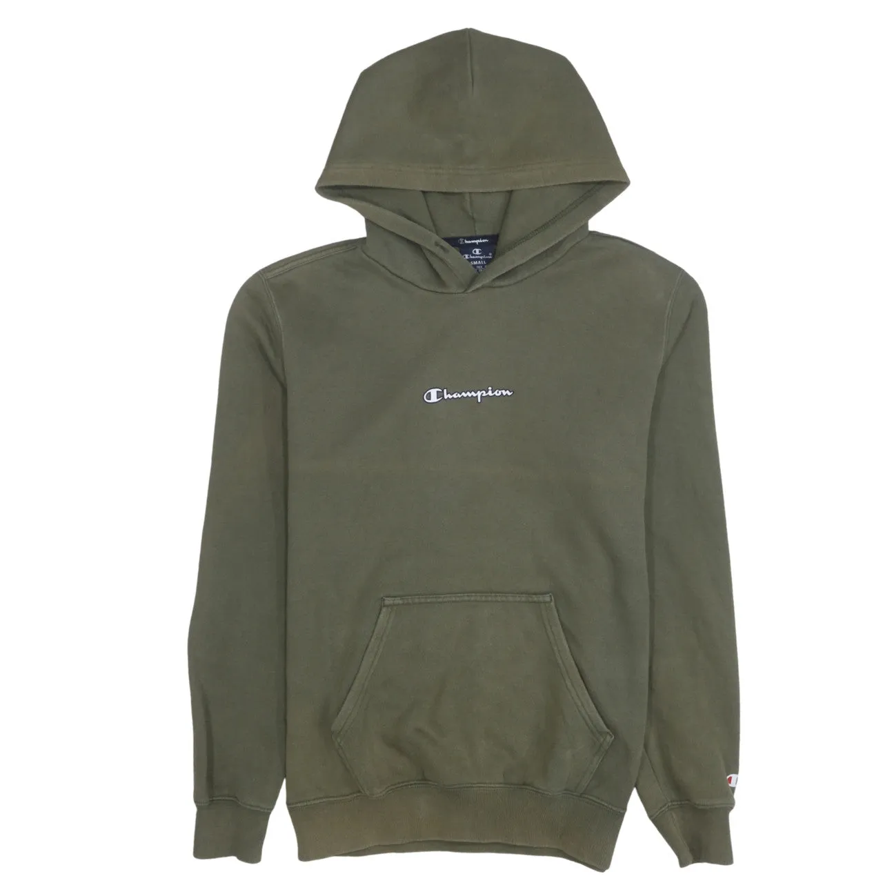 Champion Olive Green Hoodie Men's Small Embroidered Chest Logo Front Pocket Fleece Pullover Sweatshirt sold by Vintage Club