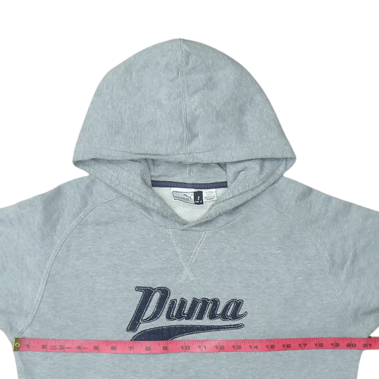 Puma Grey Hoodie Men’s Small Embroidered Script Logo Front Pocket Ribbed Hem Sweatshirt sold by Vintage Club product image thumbnail 5
