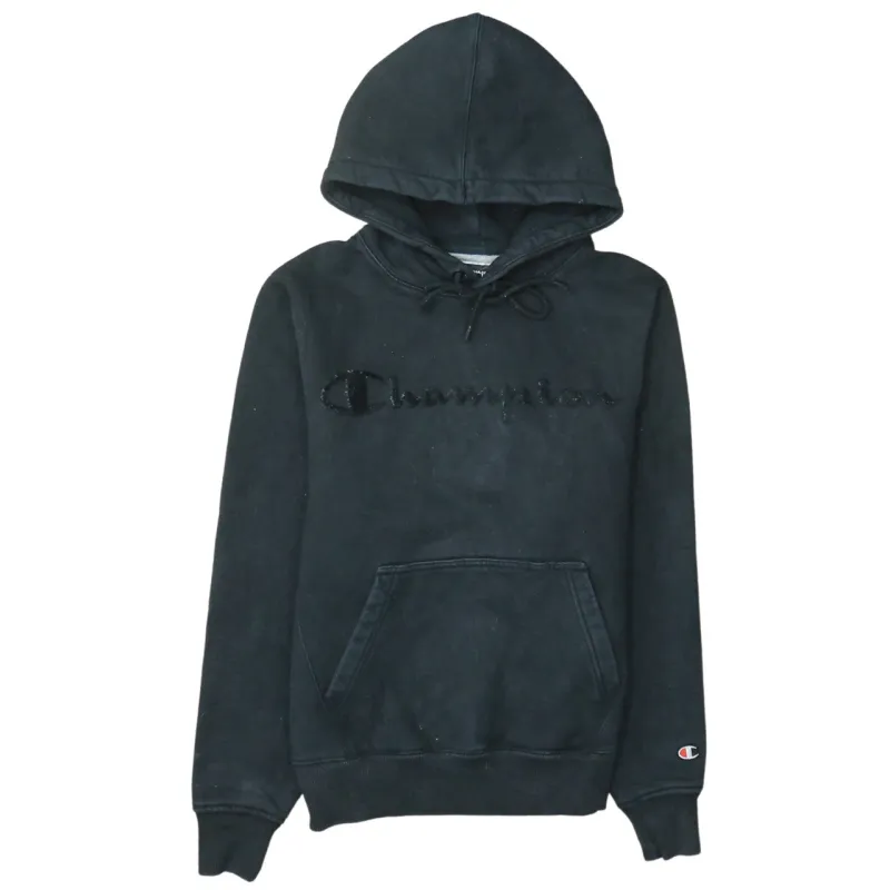 Champion Black Hoodie Men's Small Chenille Script Logo Front Pocket Pullover Sweatshirt sold by Vintage Club