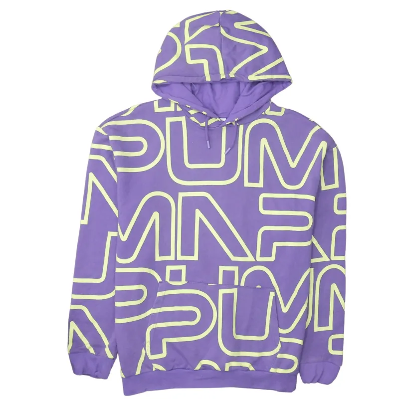 Puma Purple All Over Logo Hoodie Men's Large Drawstring Hood Front Pocket Pullover Sweatshirt sold by Vintage Club