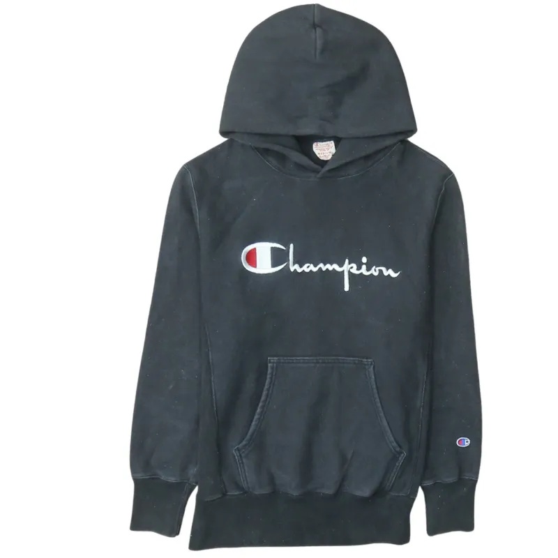 Champion Black Hoodie Women’s Medium Embroidered Script Logo Front Pocket Pullover Sweatshirt sold by Vintage Club