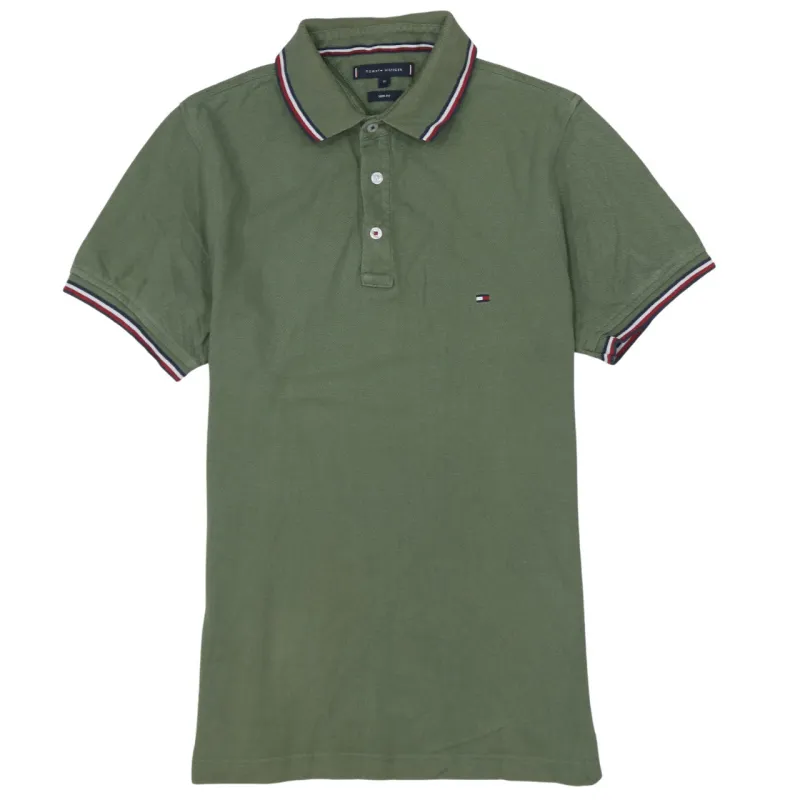 Tommy Hilfiger Olive Green Polo Shirt Women's Medium Embroidered Flag Logo Tipped Collar Top sold by Vintage Club