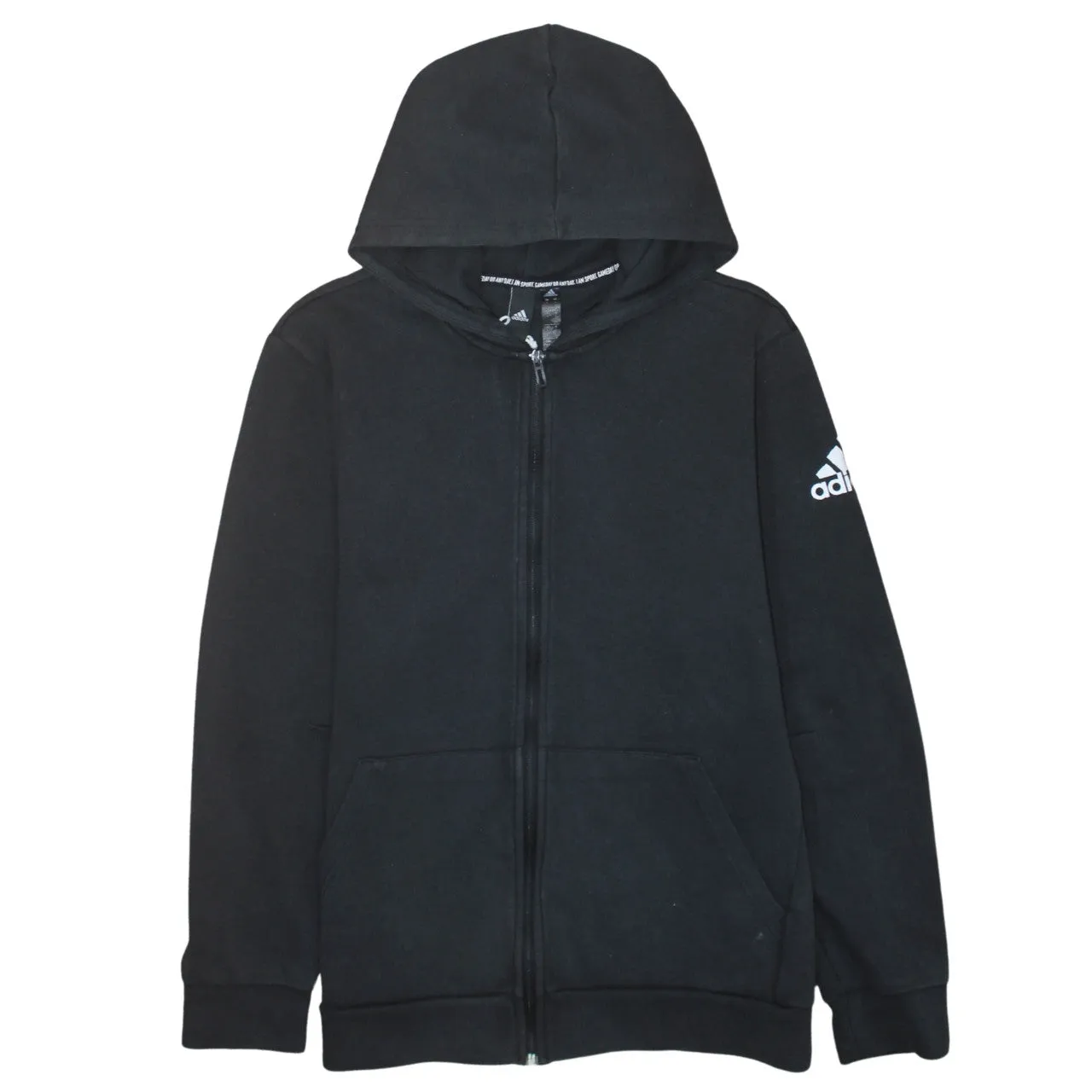 Adidas Black Full Zip Hoodie Women’s Large Printed Sleeve Logo Split Pocket Sweatshirt sold by Vintage Club